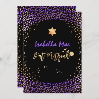 Pixdezines Faux Gold Purple Confetti Bat Mitzvah Invitation by custom_mitzvah at Zazzle