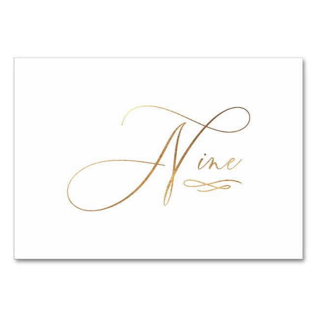 PixDezines Faux Gold Romantic Calligraphy Nine 9 Table Number (Front)