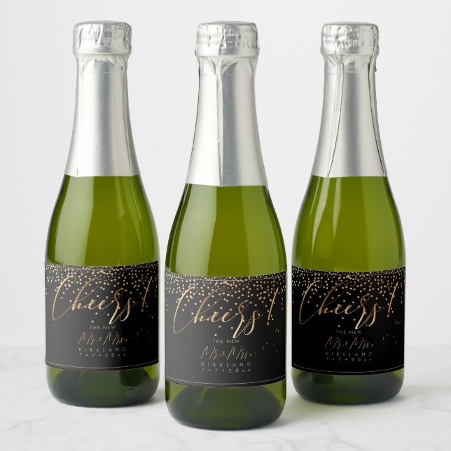 PixDezines Faux Gold Script, Cheers+Confetti Sparkling Wine Label (Bottles)