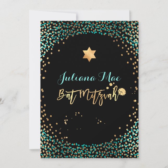 PixDezines Faux Gold+Teal Confetti Bat Mitzvah Invitation (Front)