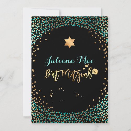 PixDezines Faux GoldTeal Confetti Bat Mitzvah Invitation