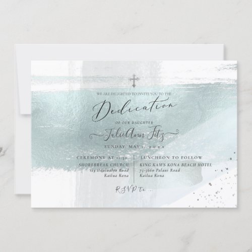 PixDezines Faux Metallic Dusty Blue Dedication Invitation