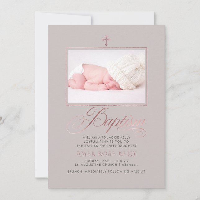 PixDezines Faux Rose Gold Cross Baptism Invitation (Front)