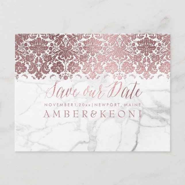 PixDezines Faux Rose Gold/Lace+Marble/Save Date Announcement Postcard (Front)