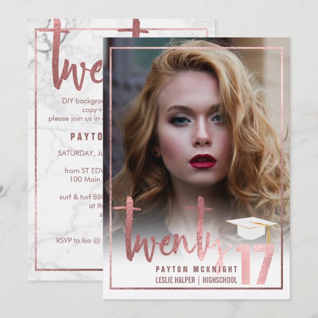 PixDezines Faux Rose Gold/Marble Graduation Invitation (Front/Back)