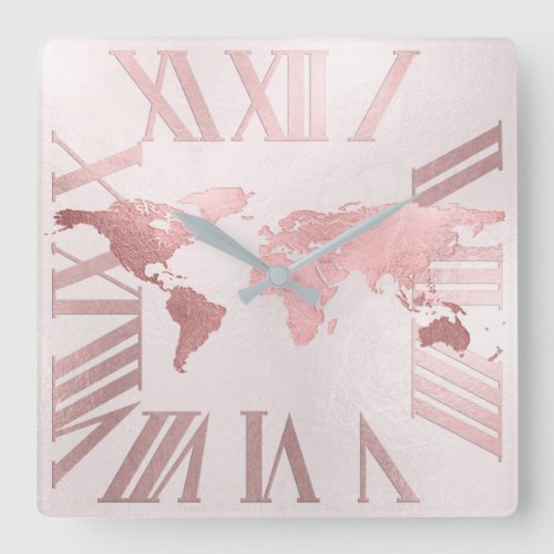 PixDezines FAUX ROSE GOLD WORLD MAP ROMAN NUMEROS Square Wall Clock