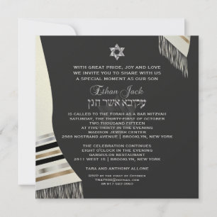 PixDezines faux silk talit mitzvah/black+silver Invitation