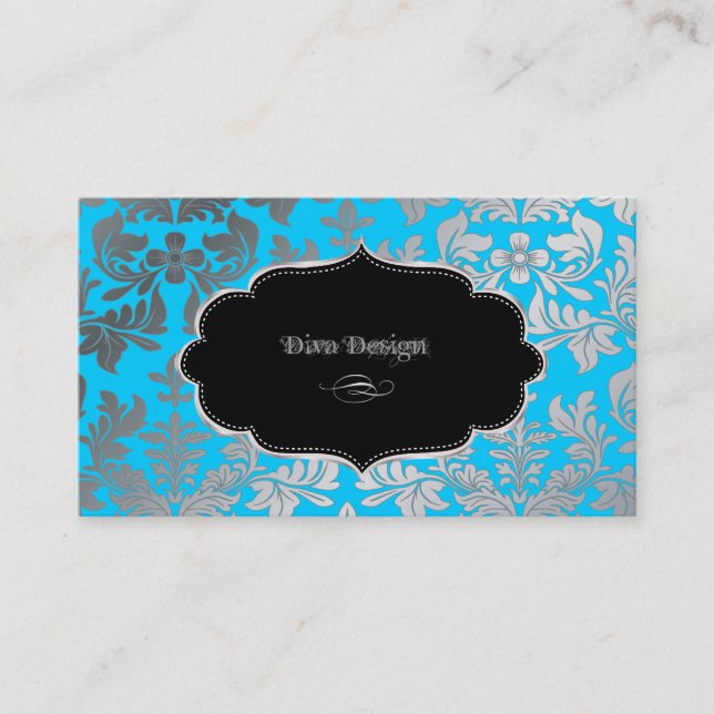 PixDezines Faux silver baroque damask aqua blue Business Card (Front)