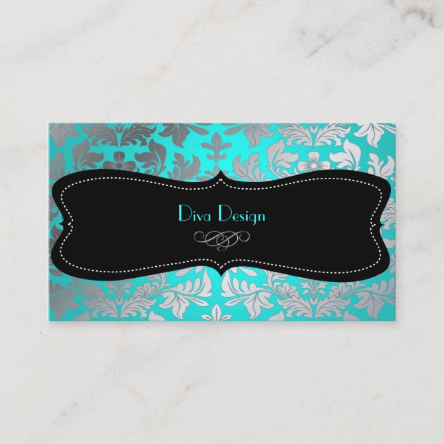 PixDezines Faux silver baroque damask aqua Business Card (Front)