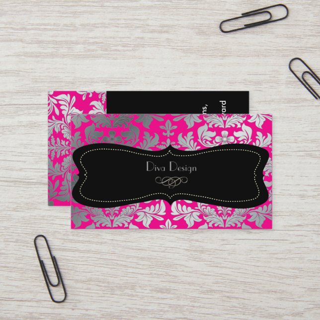 PixDezines Faux silver baroque damask hot pink Business Card (Front/Back In Situ)