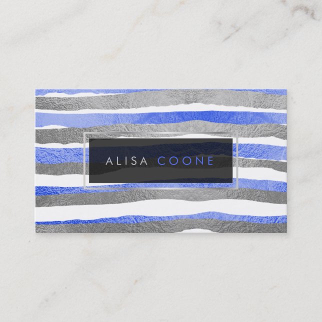 PixDezines faux silver+blue foil stripes Business Card (Front)