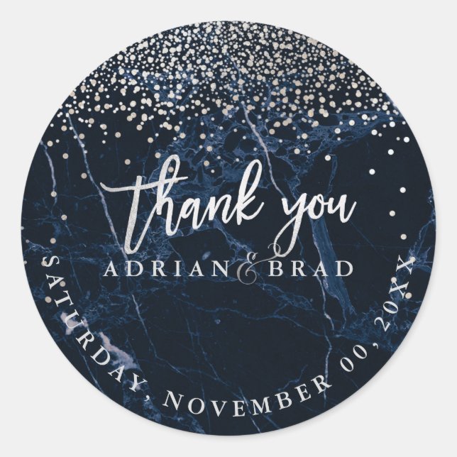 PixDezines Faux Silver Confetti/Blue Marble Classic Round Sticker (Front)