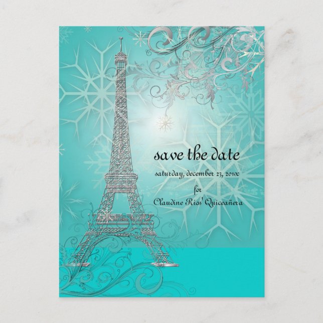 PixDezines Faux Silver Eiffel Tower/Teal Announcement Postcard (Front)
