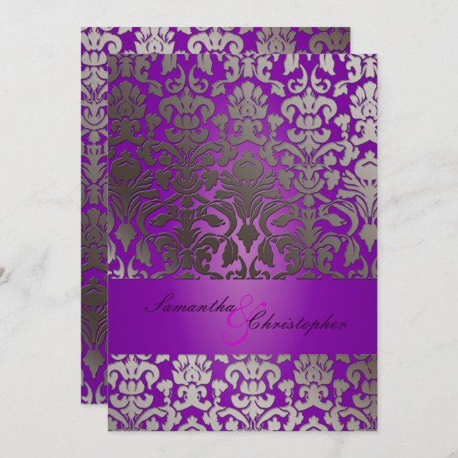 PixDezines Faux SIlver Flora Damask / Royal Purple Invitation (Front/Back)