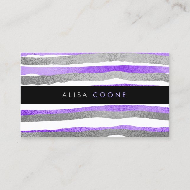 PixDezines faux silver+purple foil stripes Business Card (Front)
