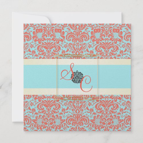 PixDezines Fidora Blue+Coral Vintage Damask Custom Invites