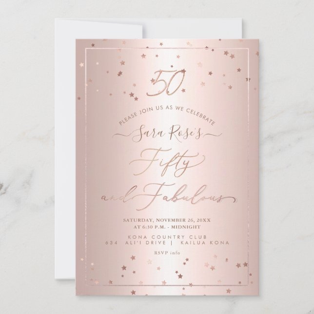 PixDezines Fifty + Fabulous Rose Gold Stars Invitation (Front)