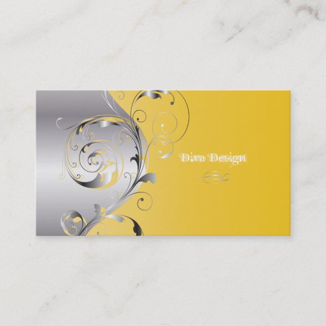 PixDezines Filigree+swirls/silver+lemon zest Business Card (Front)