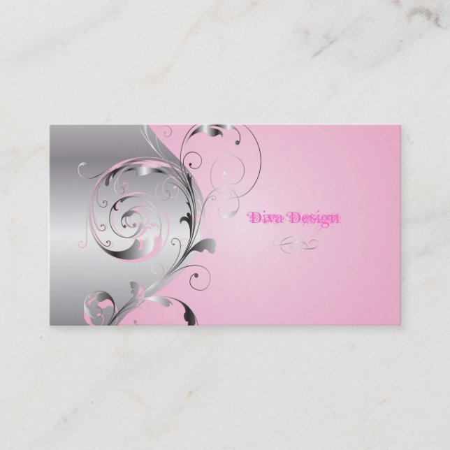 PixDezines Filigree+swirls/silver+posh pink Business Card (Front)
