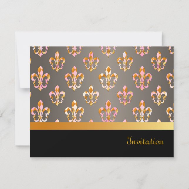 PixDezines Fleur de Lis/black + gold+posh pink Invitation (Front)
