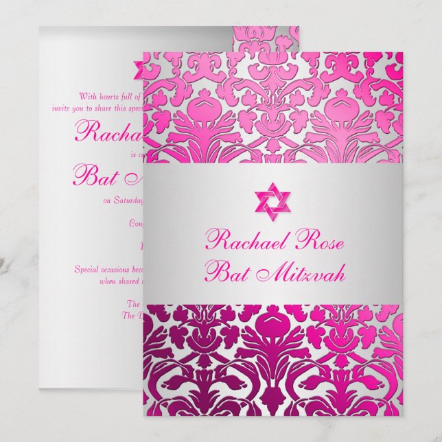 PixDezines Flora Damask Bat Mitzvah/Pink/Silver Invitation (Front/Back)