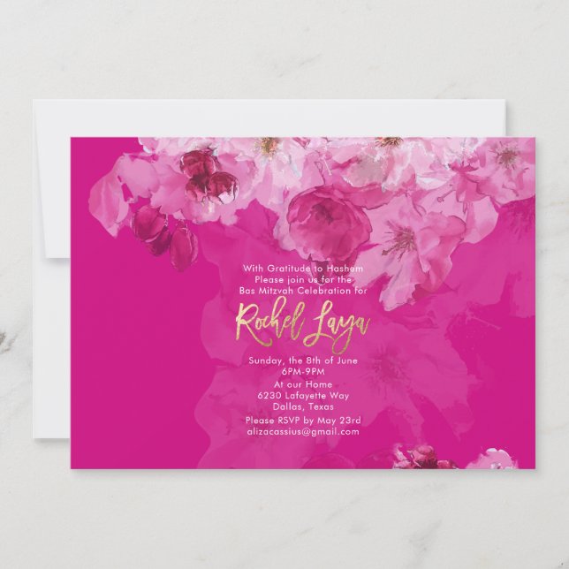 PixDezines Floral Watercolor Bat Mitzvah Invitation (Front)