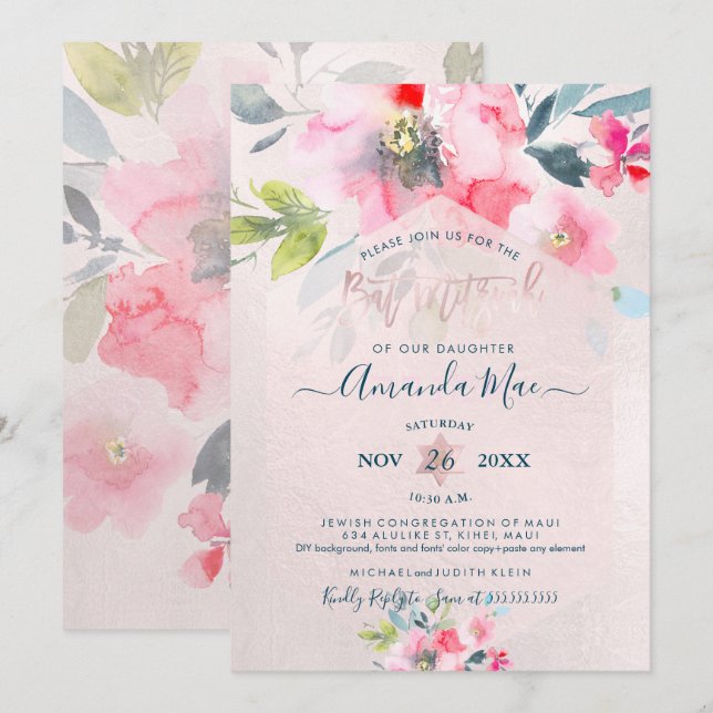 PixDezines Floral Watercolor Bat Mitzvah, Ombre Invitation (Front/Back)