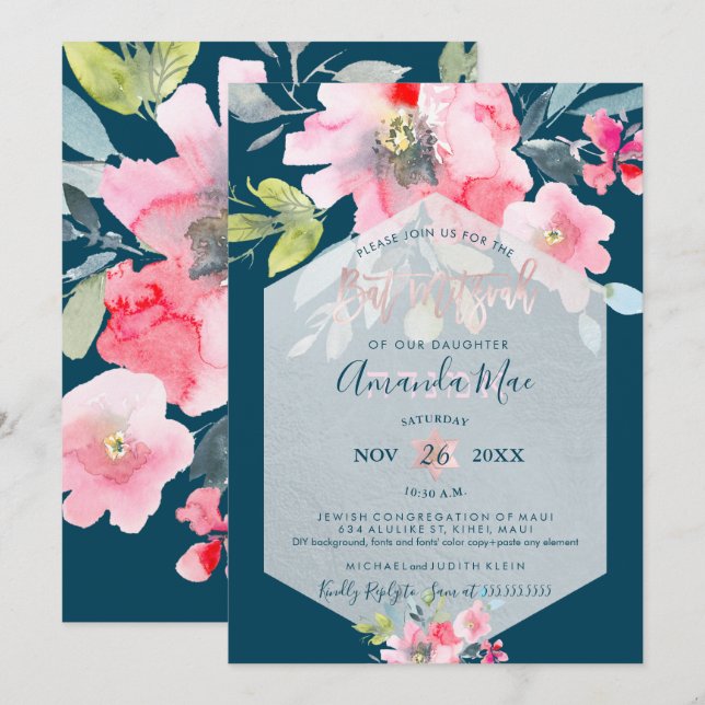 PixDezines Floral Watercolor Bat Mitzvah, Ombre Invitation (Front/Back)