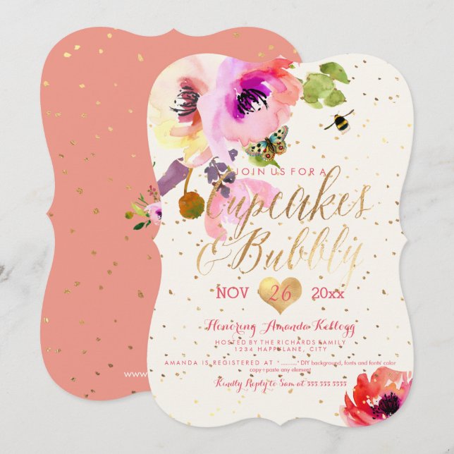 PixDezines Floral Watercolor Cupcakes+Bubbly Invitation (Front/Back)
