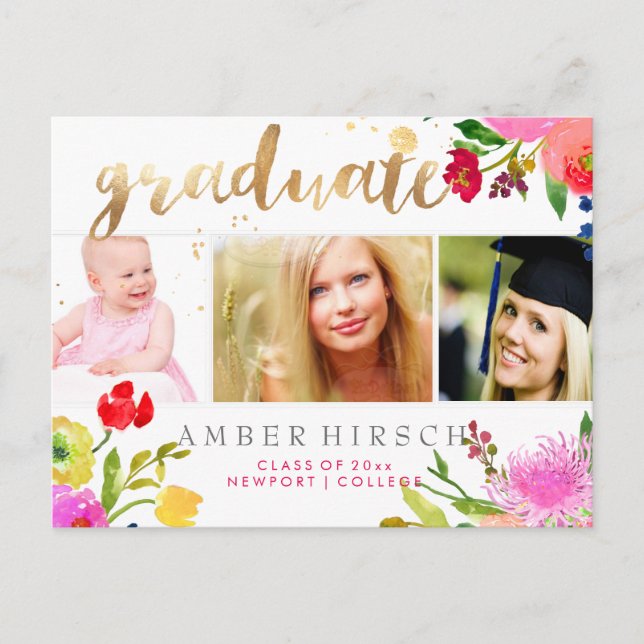 PixDezines Floral Watercolor Graduate photos Announcement Postcard (Front)