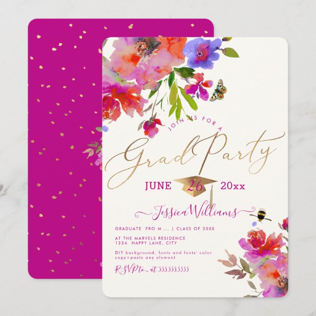 PixDezines Floral Watercolor Graduation Party Invitation (Front/Back)