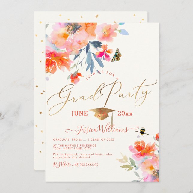 PixDezines Floral Watercolor Graduation Party Invitation (Front/Back)