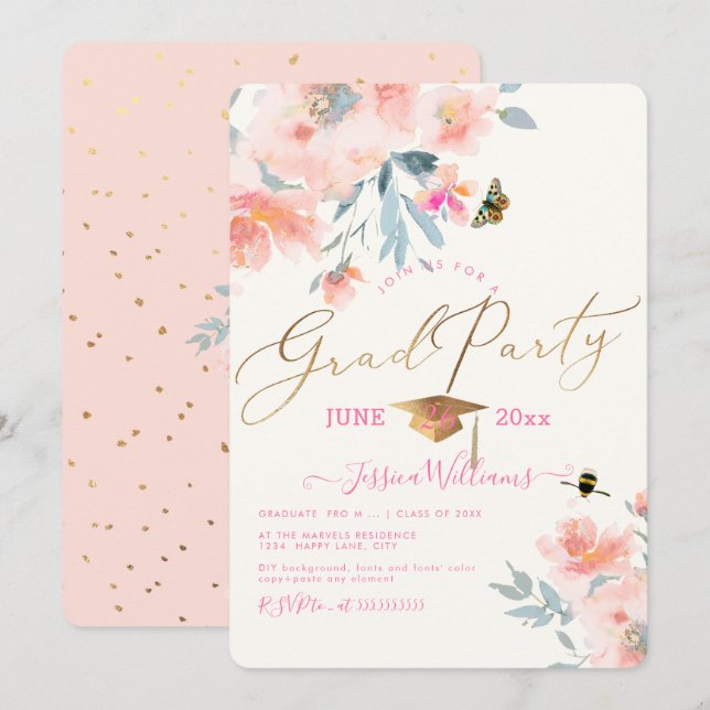 PixDezines Floral Watercolor Graduation Party Invitation (Front/Back)