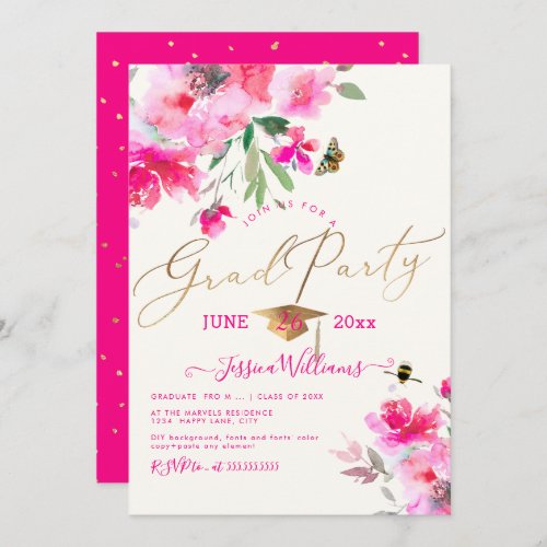 PixDezines Floral Watercolor Graduation Party Invitation