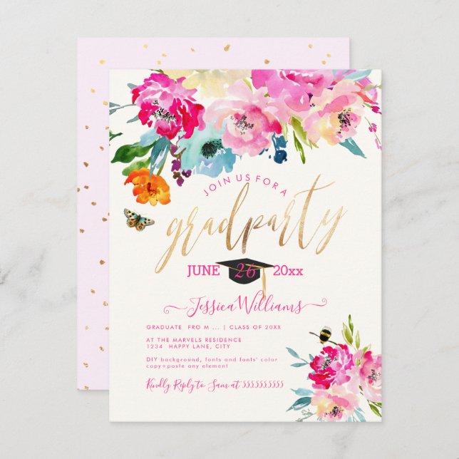PixDezines Floral Watercolor Graduation Party Invitation (Front/Back)