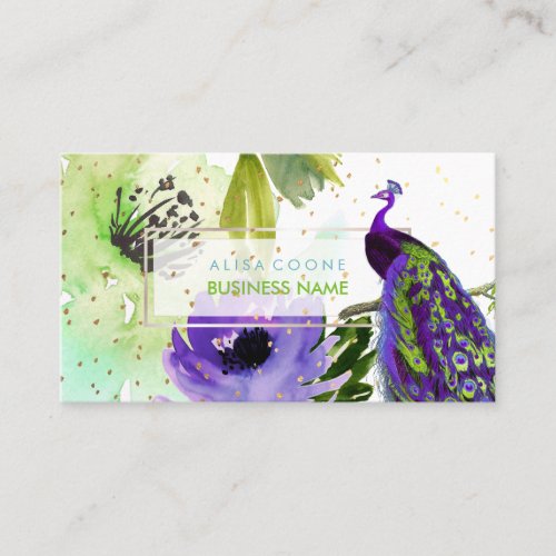 PixDezines Floral WatercolorPeacockGold Specks Business Card