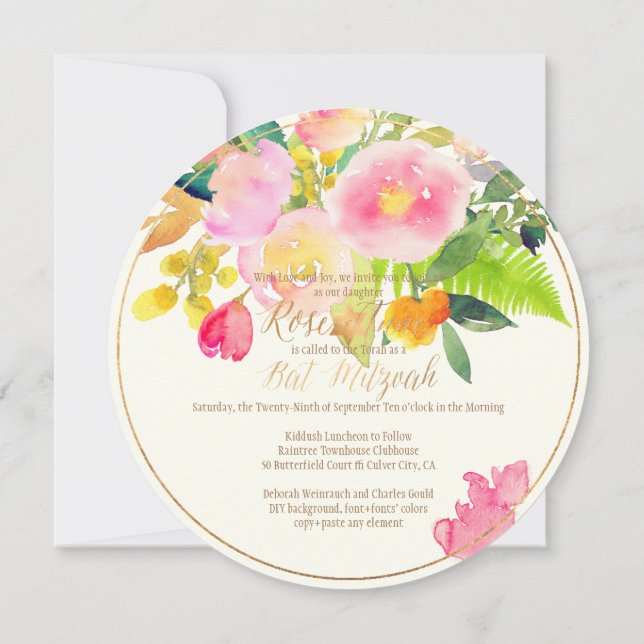 PixDezines Floral Watercolor/Peonies/Bat Mitzvah Invitation (Back)