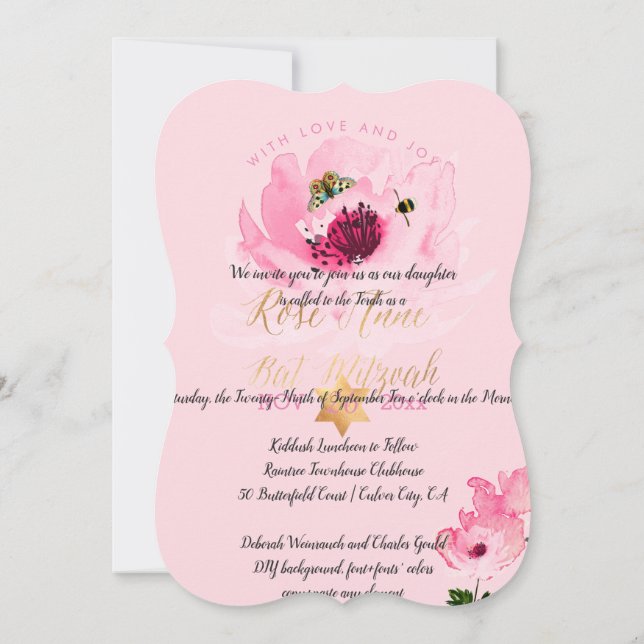 PixDezines Floral Watercolor/Peonies/Bat Mitzvah Invitation (Back)
