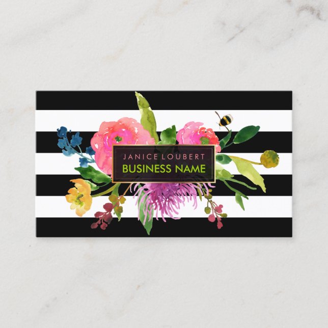 PixDezines floral watercolor/ranunculus/stripes Business Card (Front)