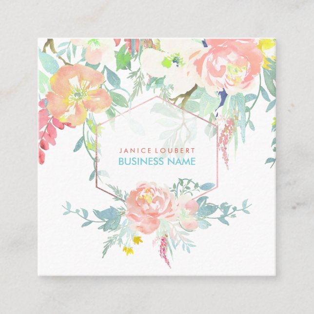 PixDezines Floral Watercolor/Spring Bouquet Square Business Card (Front)