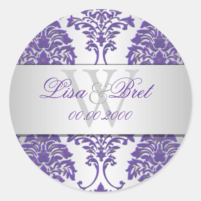 PixDezines florentius damask/purple+silver Classic Round Sticker (Front)