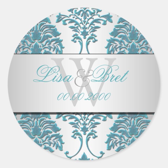 PixDezines florentius damask/teal+silver Classic Round Sticker (Front)