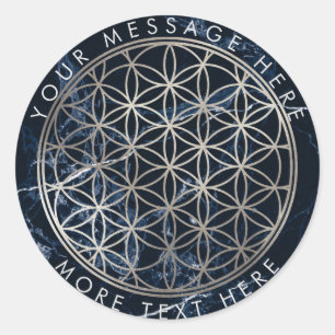 PixDezines FLOWER OF LIFE FAUX SILVER+BLUE MARBLE Classic Round Sticker