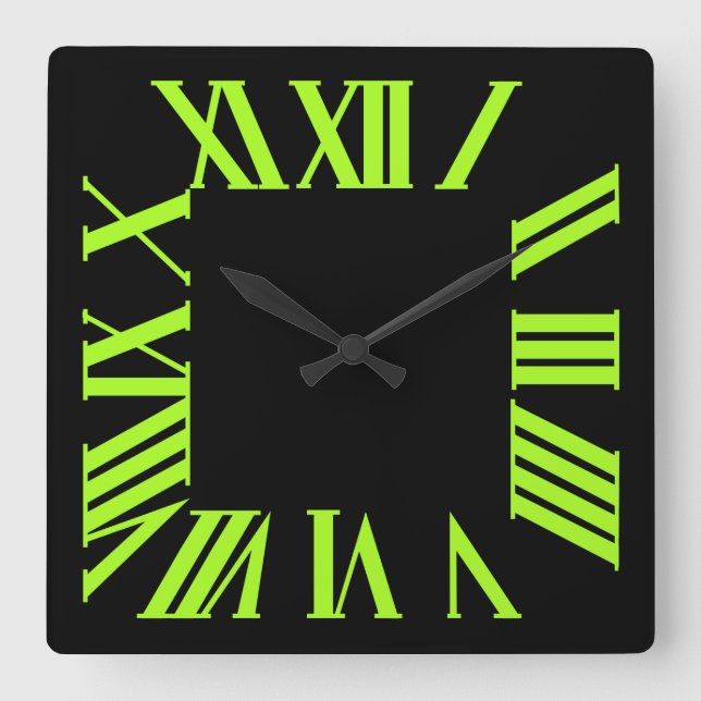 PixDezines Fluorescent Lime Green Roman Numeros Square Wall Clock (Front)