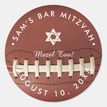 ✡ Pixdezines Football Mitzvah Pig Skin Classic Round Sticker by custom_mitzvah at Zazzle