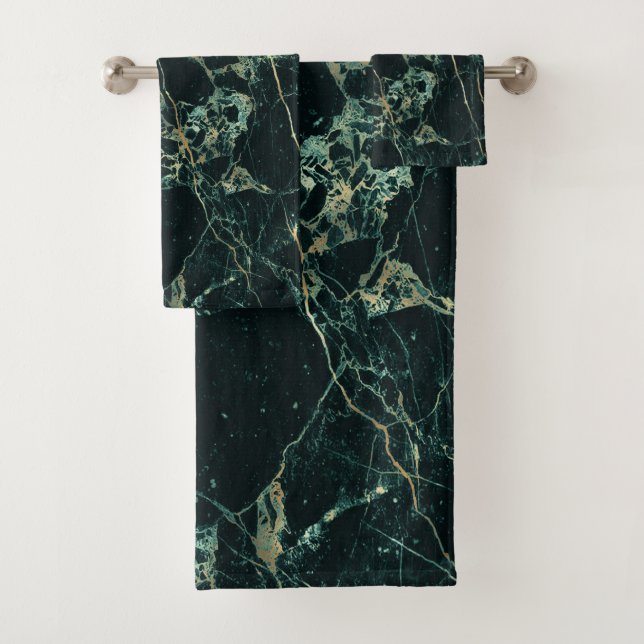 PixDezines FOREST GREEN MARBLE+FAUX GOLD VEINS Bath Towel Set (Insitu)