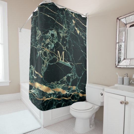 PixDezines FOREST GREEN MARBLE+FAUX GOLD VEINS Shower Curtain