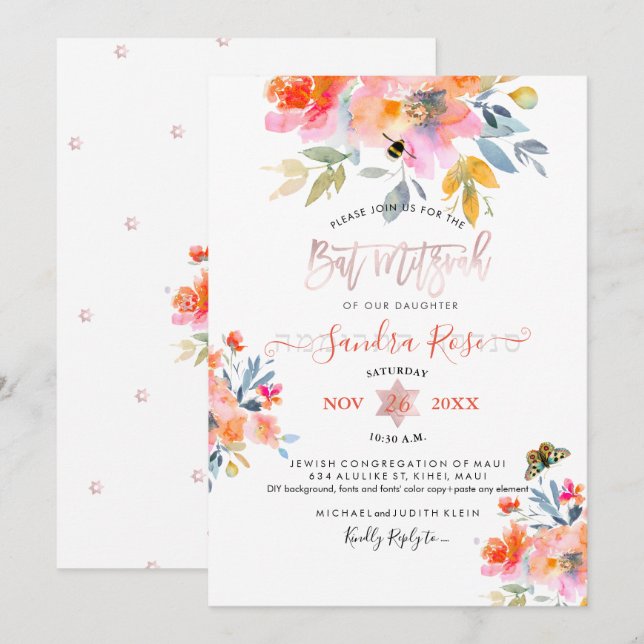 PixDezines Garden Roses Watercolor Bat Mitzvah Invitation (Front/Back)