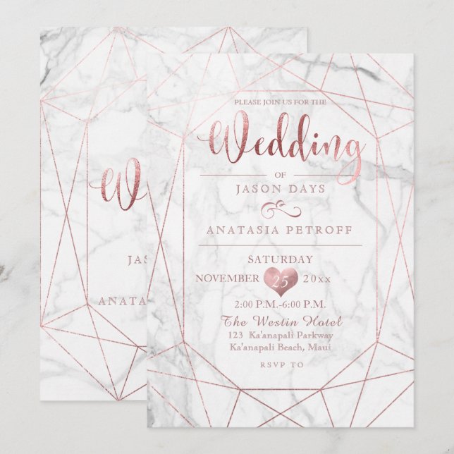 PixDezines Gemstone+Marble/Faux Rose Gold/Wedding Invitation (Front/Back)