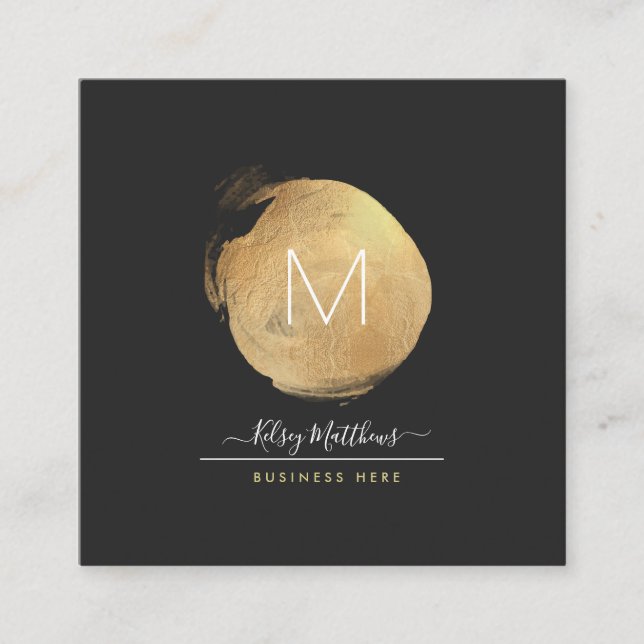 PixDezines Glam Monogram Black+Gold Spot Square Business Card (Front)